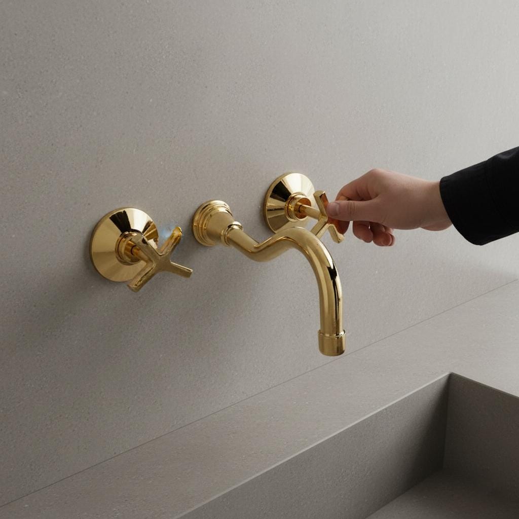Unlacquered Solid Brass Wall Mount Faucet – Handmade Cross Handle Bathroom Mixer Or Bar Sink