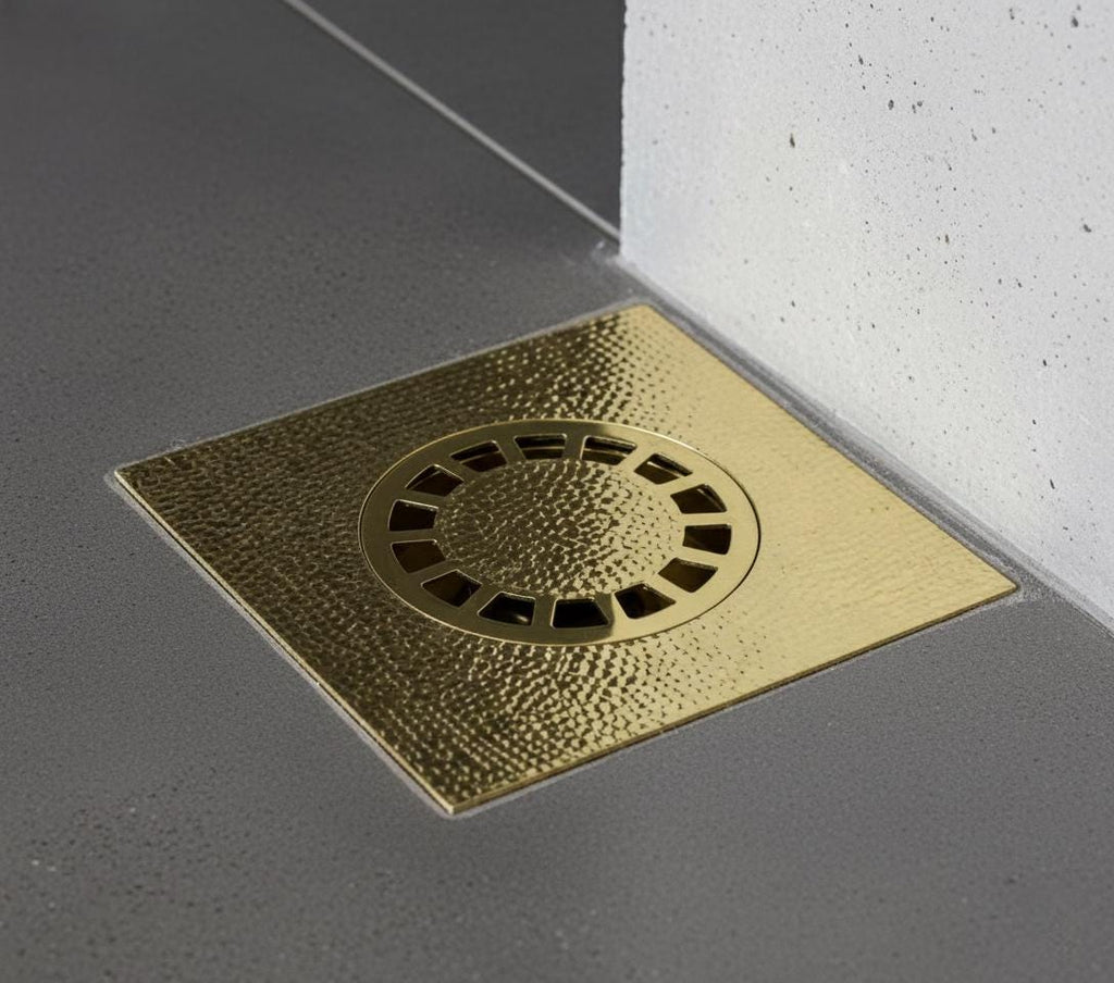 Handmade Solid Brass Square Floor Drain with Round Grate for Luxury Shower Bathrooms
