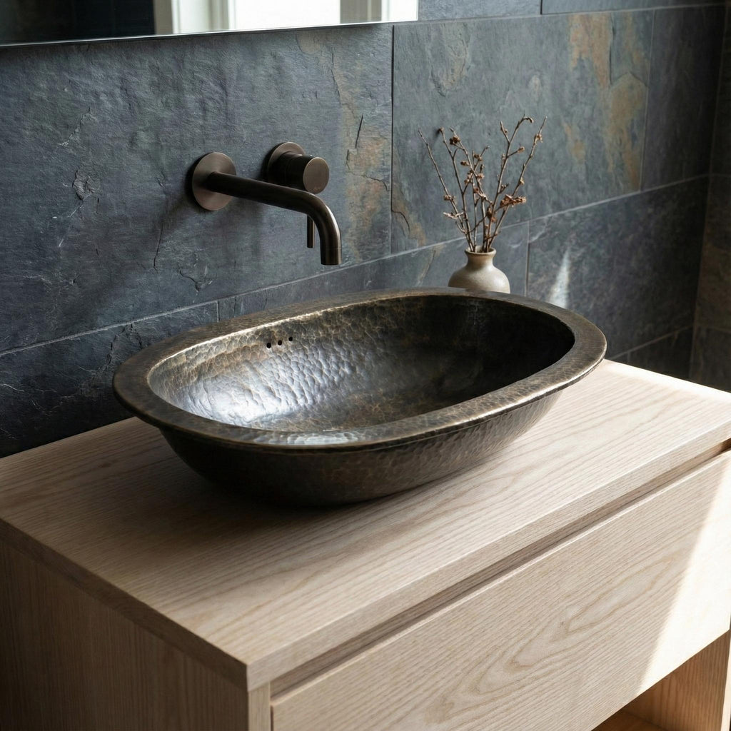 Handmade Oval Brass Vessel Basin – Hammered Antique Finish Bathroom Wash Bowl for Vanity Countertop