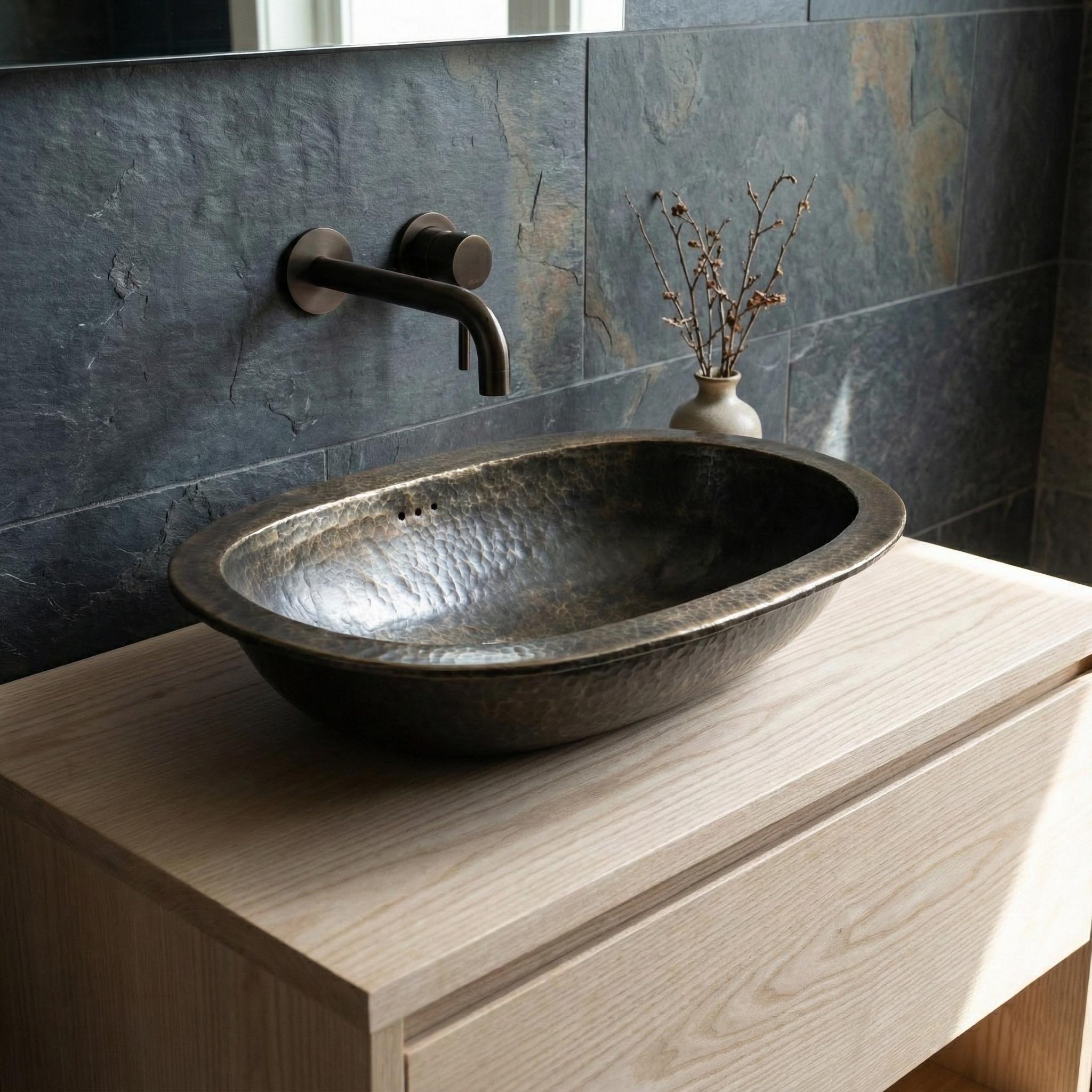 Handmade Oval Brass Vessel Basin – Hammered Antique Finish Bathroom Wash Bowl for Vanity Countertop