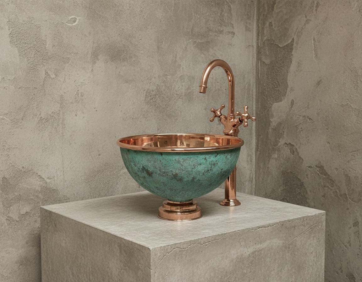 Handmade Turquoise Patina Copper Vessel Sink with Faucet for Luxury Artisan Bathroom Vanity Designs