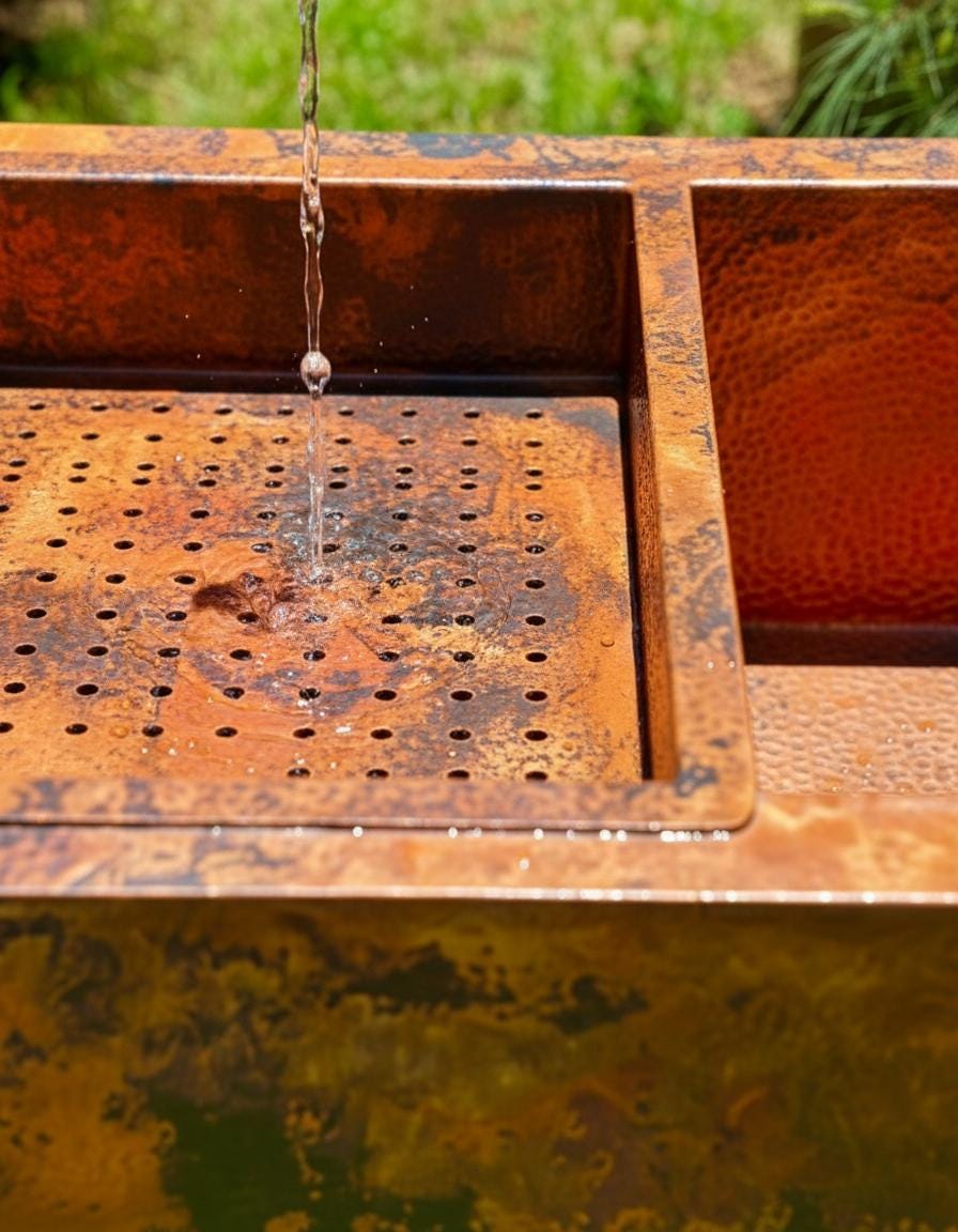 Copper Farmhouse Kitchen Sink – Double Basin Apron Front Workstation with Hammered Texture