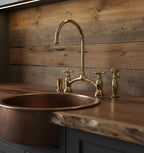 Unlacquered Brass Bridge Kitchen Faucet with Sprayer and Soap dispenser, Handmade Solid Brass Farmhouse Sink Mixer
