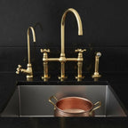 Unlacquered Brass Bridge Kitchen Faucet – Solid Brass Farmhouse Tap with Sprayer