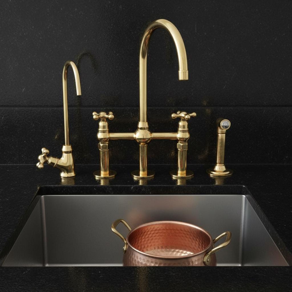 Unlacquered Brass Bridge Kitchen Faucet – Solid Brass Farmhouse Tap with Sprayer