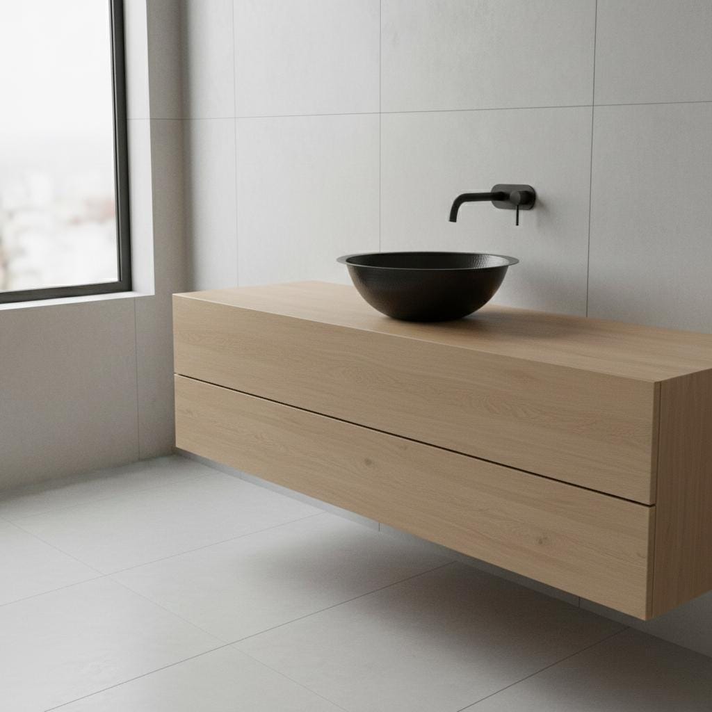 Bathroom vanity with black sink and faucet against a tiled wall.