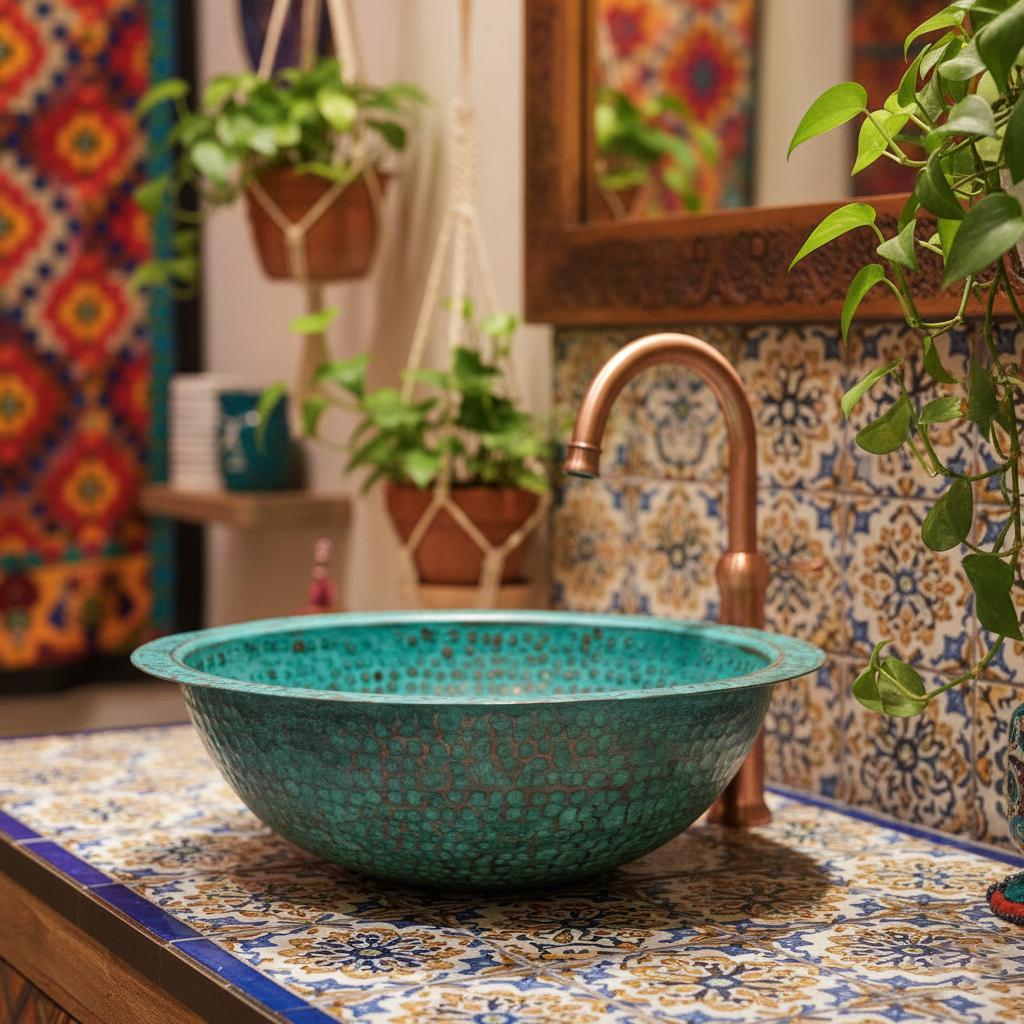 Handmade Round Verdigris Copper Vessel Sink with Green Patina Hammered Finish for Bathroom Vanity