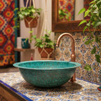Handmade Round Verdigris Copper Vessel Sink with Green Patina Hammered Finish for Bathroom Vanity