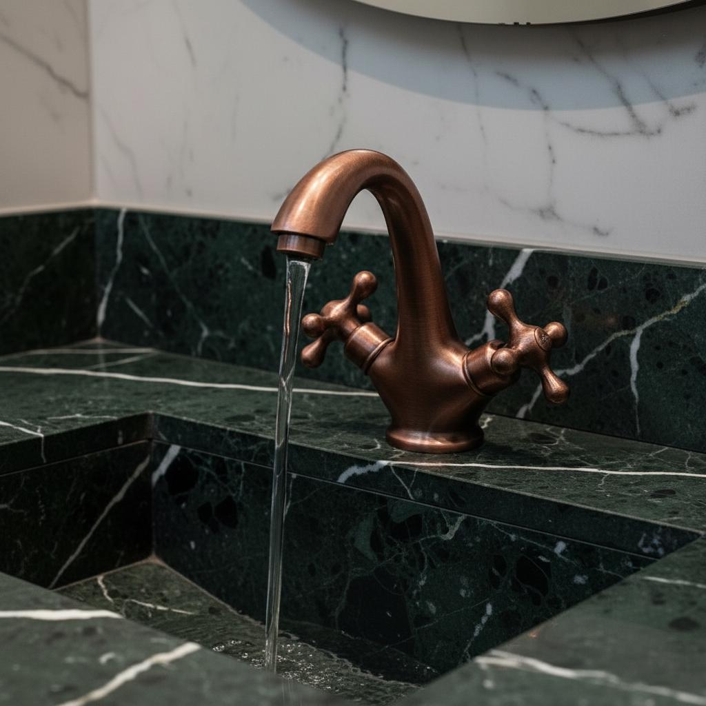 Bronze faucet on a marble sink with water flowing