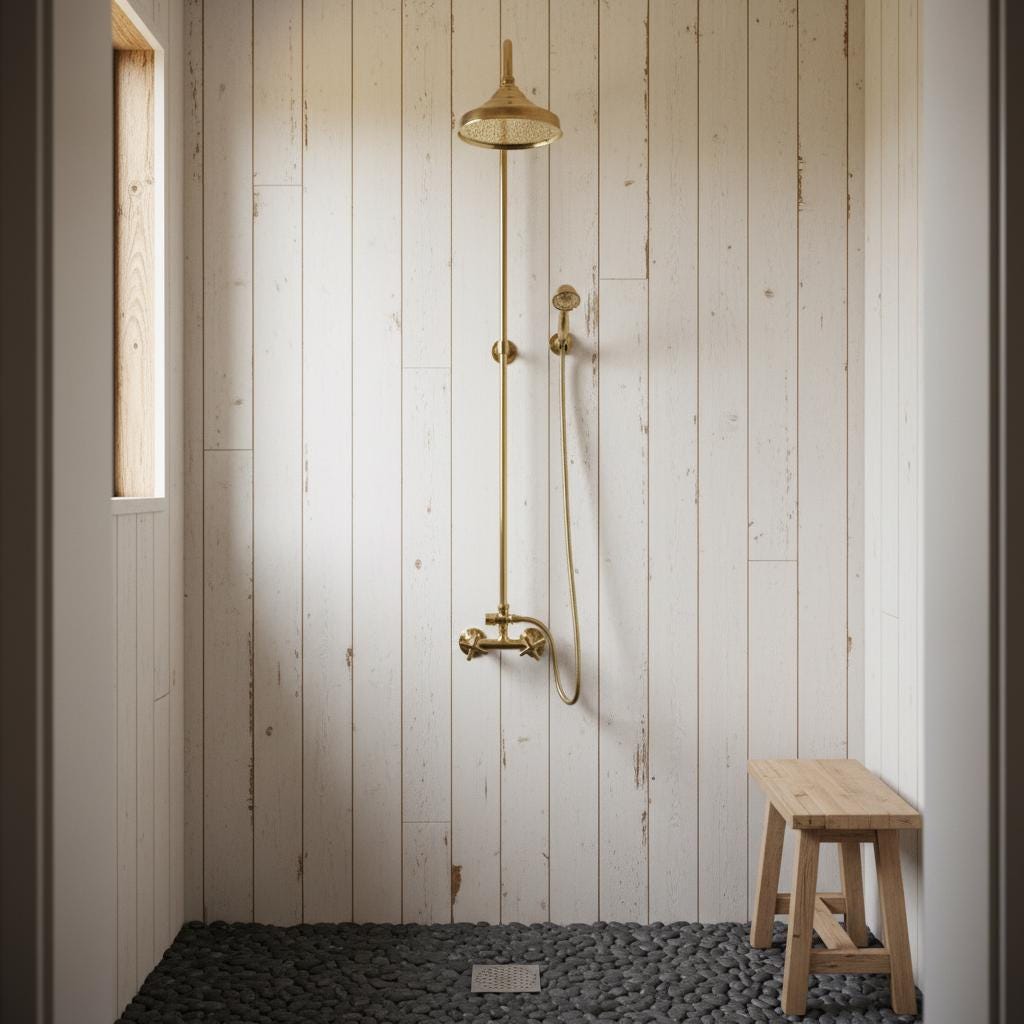 Handmade Unlacquered Brass Rainfall Shower with Handheld Sprayer - Exposed Shower System