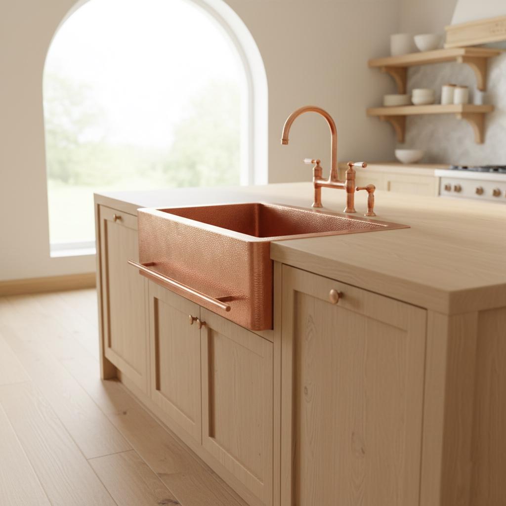 Handmade Rectangular Farmhouse Apron Front Copper Sink with Integrated Towel Bar