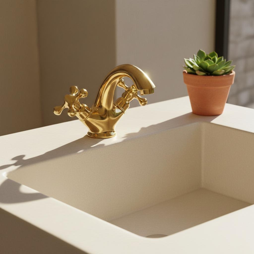 Gold faucet on a white sink with a potted plant in the background