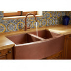 Handmade Hammered Copper Farmhouse Kitchen Sink with Double Bowl Apron Front for Luxury Spaces