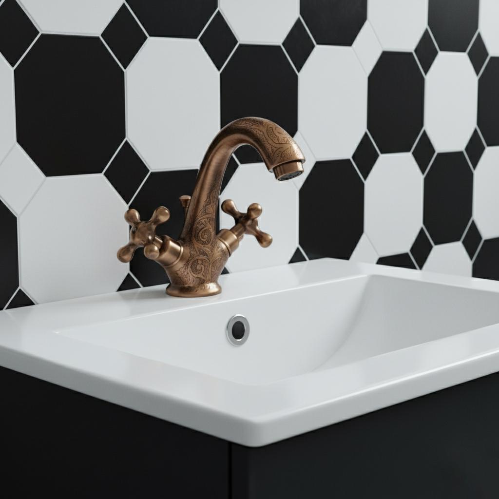 White sink with bronze faucet against a black and white geometric tile wall