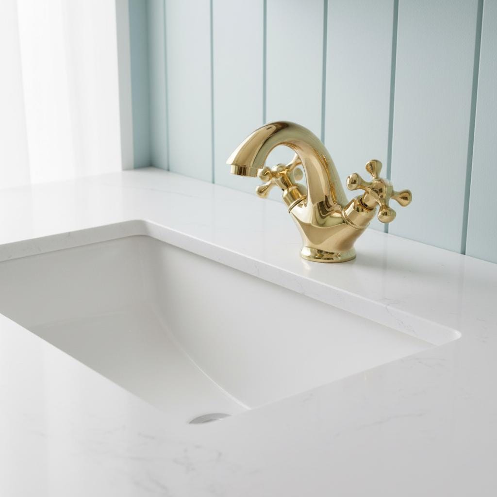 Gold faucet on a white sink with a light blue wall in the background