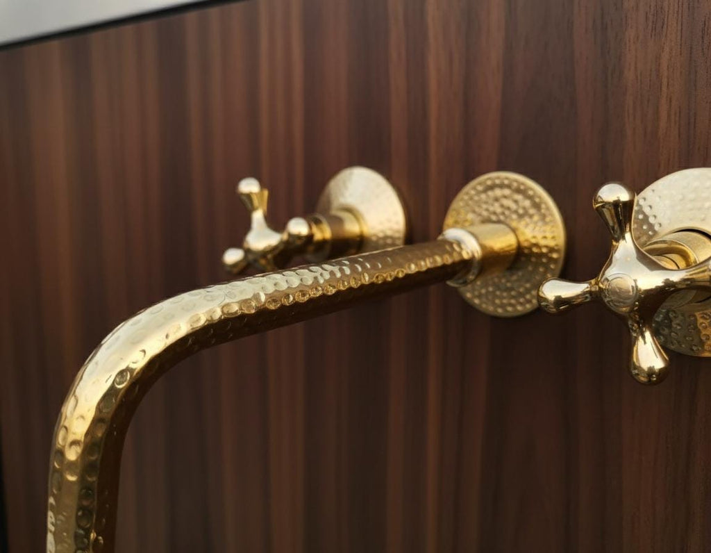 Unlacquered Solid Brass Hammered Wall Mount Faucet – Handmade Cross Handle Bathroom Mixer