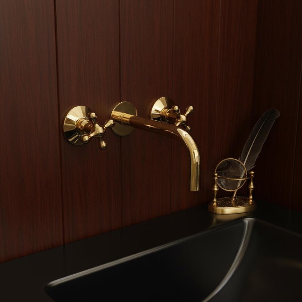 Unlacquered Brass Wall-Mount Faucet – Handmade Solid Brass Bathroom Sink Mixer with Cross Handles