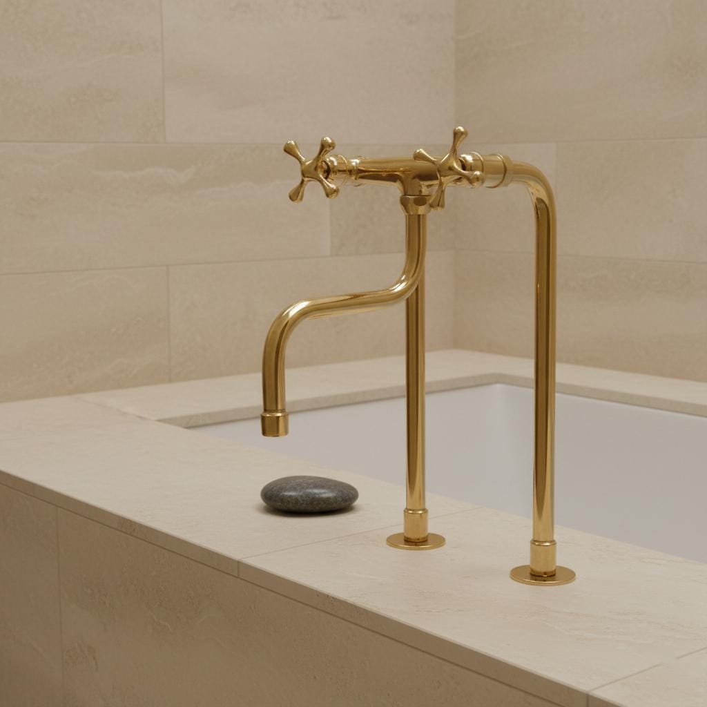 Gold faucet on a tiled wall with a neutral color scheme