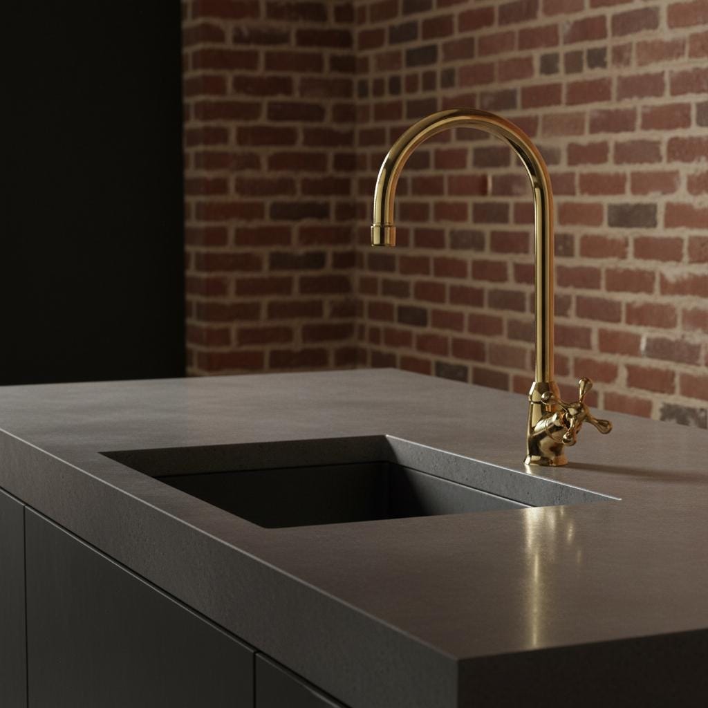 Modern kitchen sink with gold faucet against a brick wall