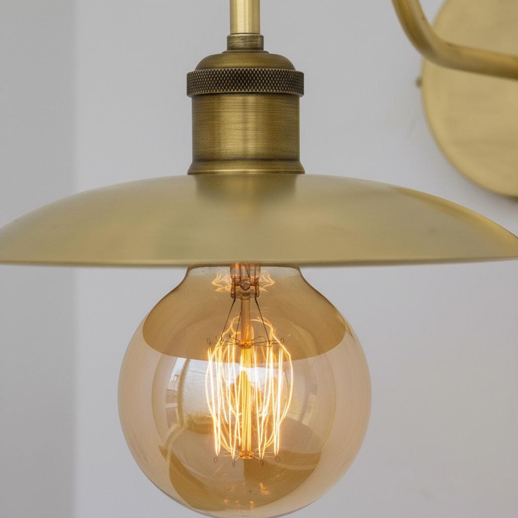 Unlacquered Brass Wall Light – Handmade Curved Arm Sconce with Wide Shade and Edison Bulb