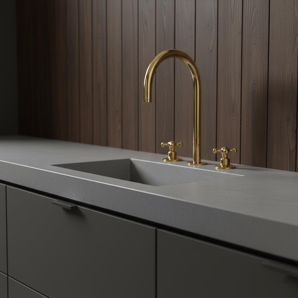 Modern kitchen sink with gold faucet against a wooden panel background