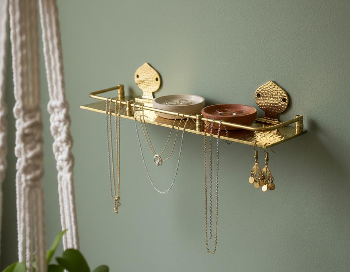Handmade Hammered Brass Wall Shelf with Decorative Mounts for Luxury Bathrooms