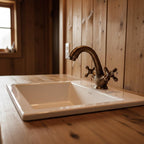 White sink with bronze faucet in a wooden bathroom