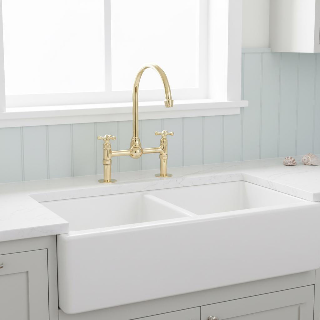Unlacquered Brass Bridge Faucet – Solid Brass Kitchen Mixer Tap, Luxury Gooseneck Farmhouse Sink Fixture