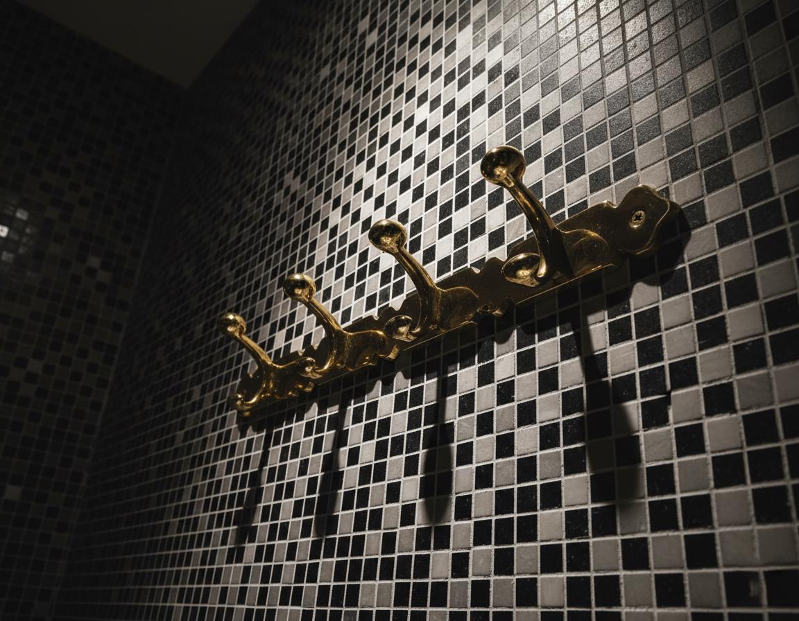 Gold coat rack on a black and white tiled wall