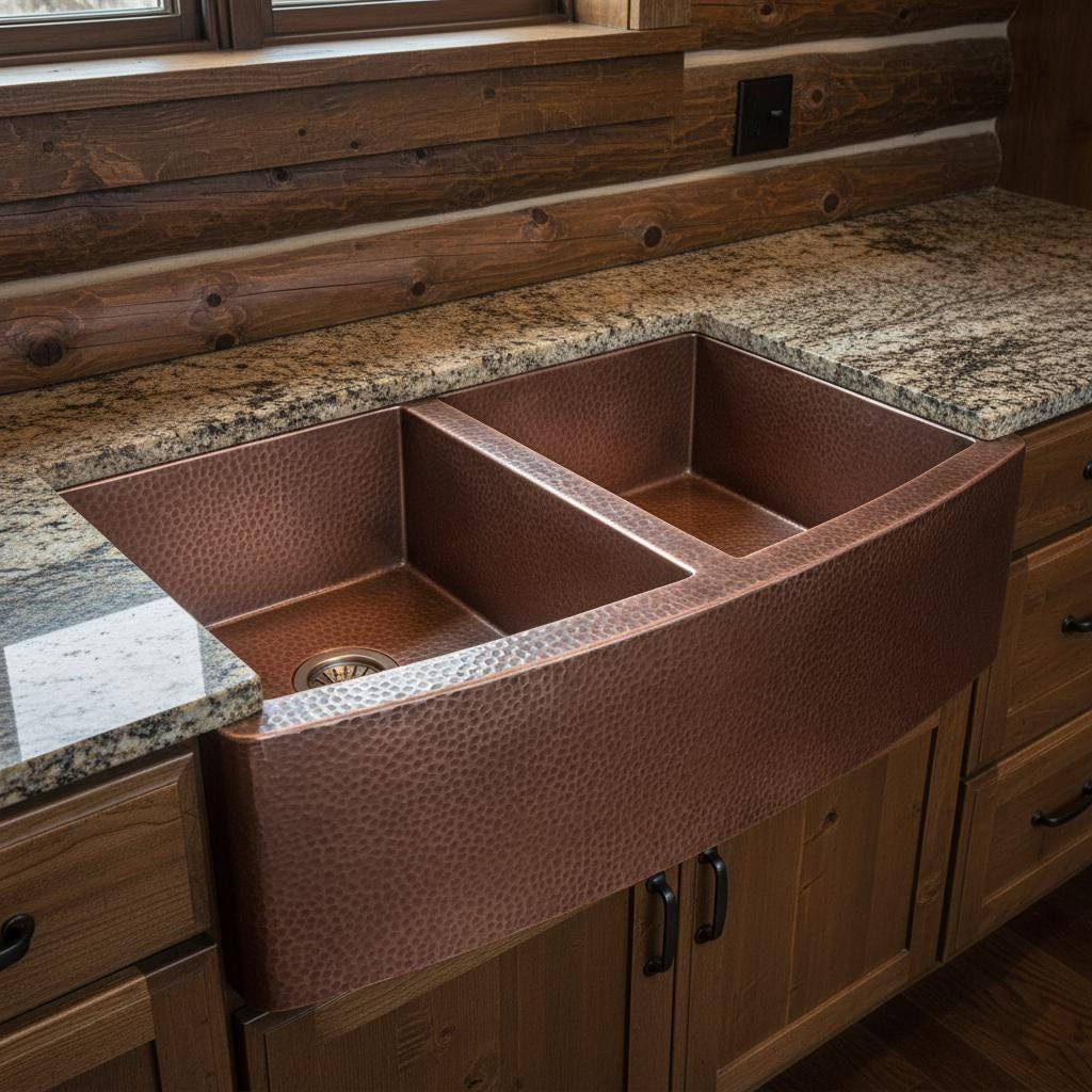 Handmade Solid Copper Double Bowl Farmhouse Sink with Hammered Apron Front for Modern Kitchens