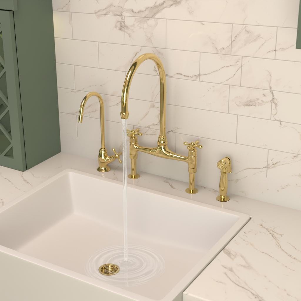 Unlacquered Brass Bridge Kitchen Faucet with Sprayer and Soap dispenser, Handmade Solid Brass Farmhouse Sink Mixer