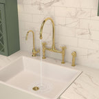 Unlacquered Brass Bridge Kitchen Faucet with Sprayer and Soap dispenser, Handmade Solid Brass Farmhouse Sink Mixer