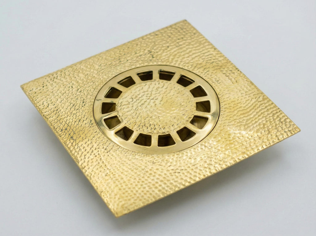 Handmade Solid Brass Square Floor Drain with Round Grate for Luxury Shower Bathrooms