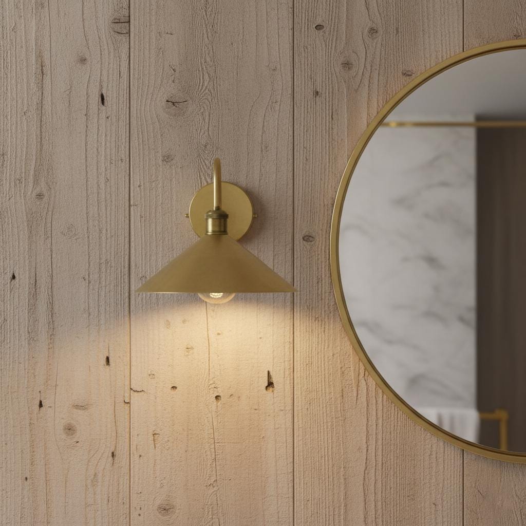 Unlacquered Brass Wall Sconce – Handmade Cone Shade Light for Bathroom, Bedroom, or Hallway