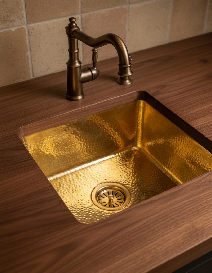 Handmade Solid Brass Bar Sink Square Hammered Undermount Prep Sink Unlacquered Brass Kitchen Sink