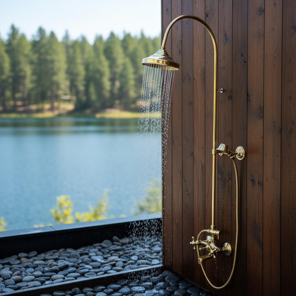 Curved Brass Shower System – Unlacquered Solid Brass Gooseneck Rain Shower with Handheld Sprayer