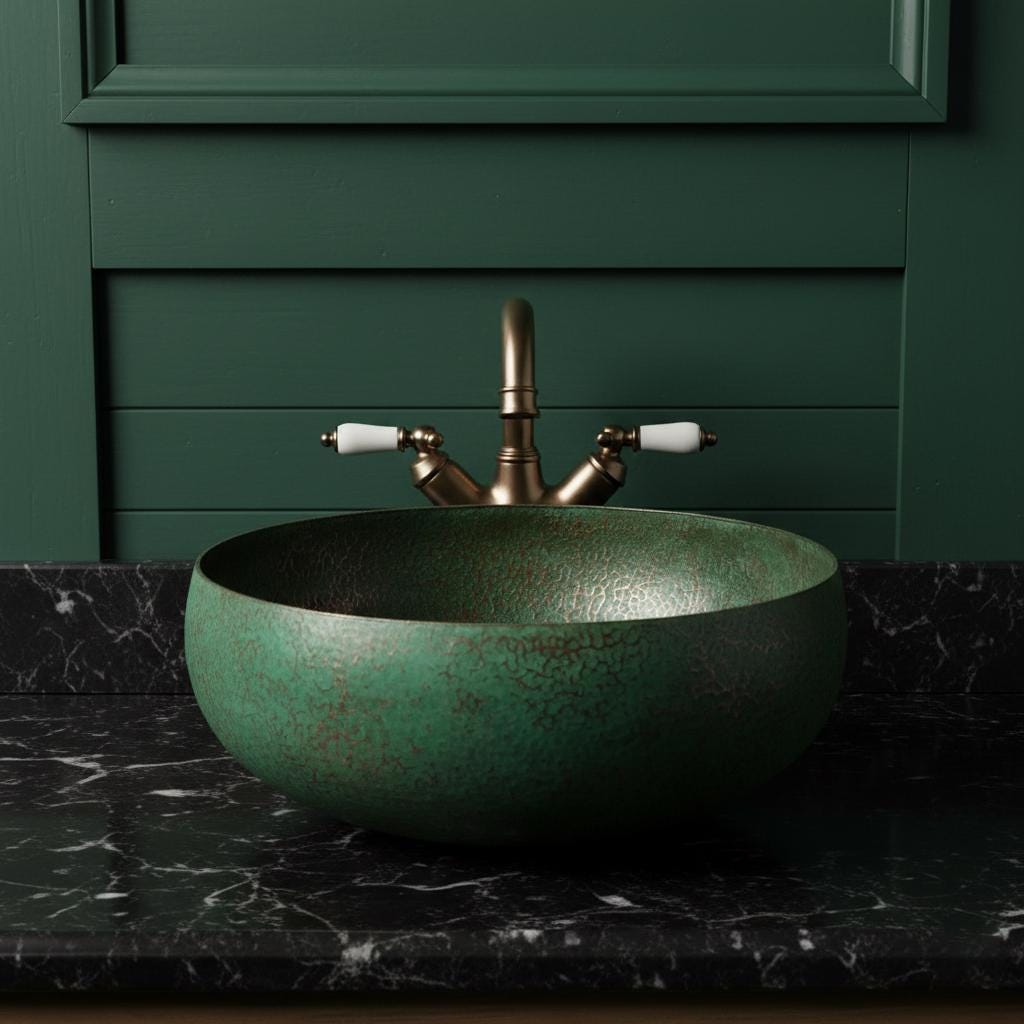 Handcrafted Verdigris Copper Vessel Basin Round Patina Bathroom Washbowl Countertop Mount