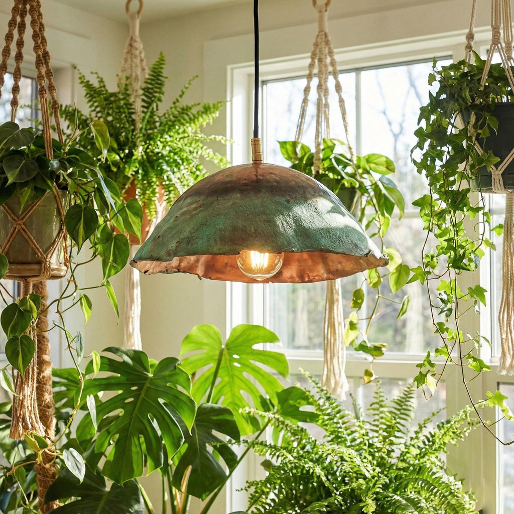 Handcrafted Copper Pendant Light with Fire Finish and Verdigris Patina Exterior Dome