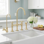 Unlacquered Brass Bridge Kitchen Faucet – Solid Brass Farmhouse Tap with Sprayer