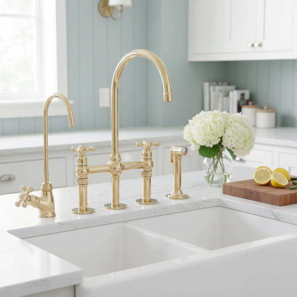 Unlacquered Brass Bridge Kitchen Faucet – Solid Brass Farmhouse Tap with Sprayer
