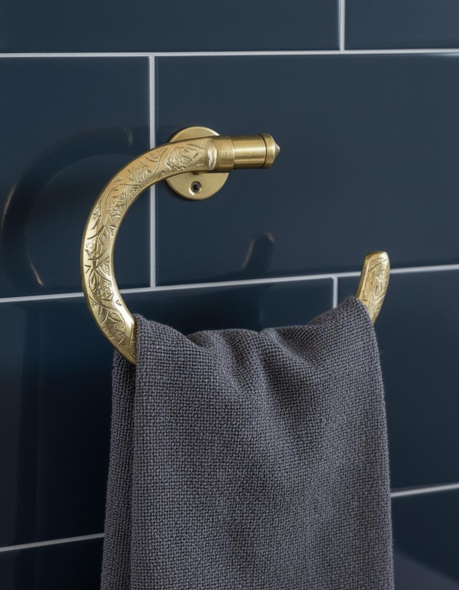 Brass towel hook with a gray towel against a blue tiled wall