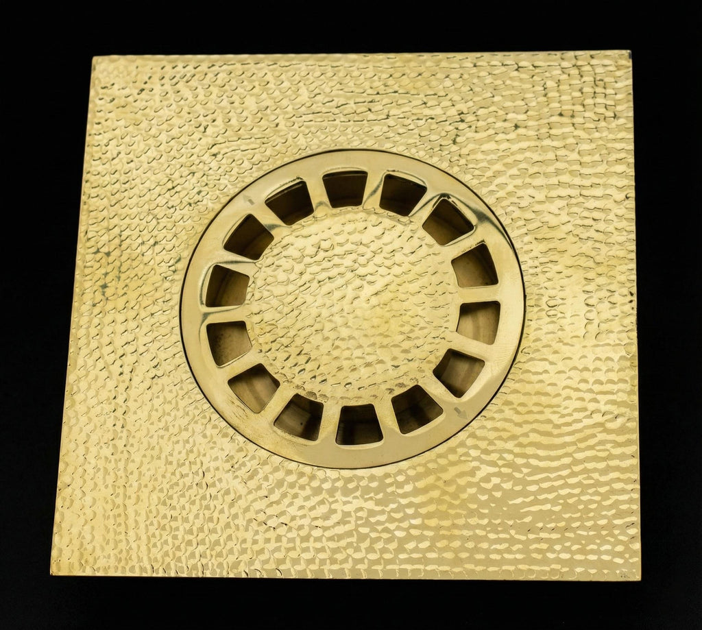 Handmade Solid Brass Square Floor Drain with Round Grate for Luxury Shower Bathrooms
