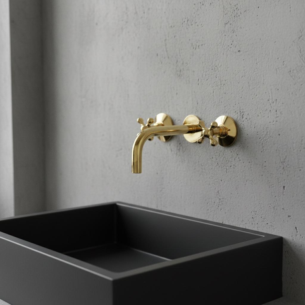 Unlacquered Brass Wall-Mount Faucet – Handmade Solid Brass Bathroom Sink Mixer with Cross Handles