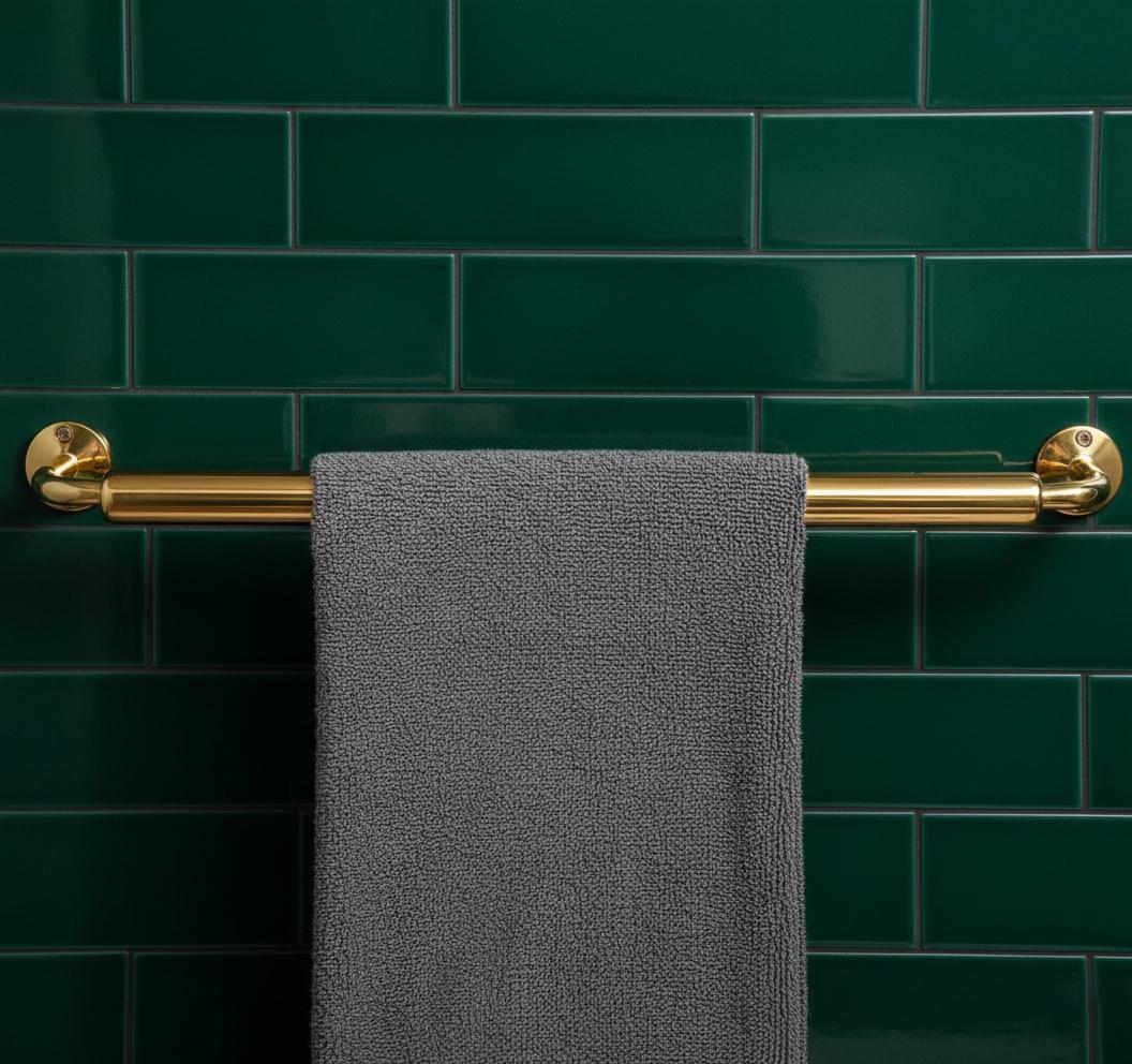 Gray towel hanging on a gold towel rack against a green tiled wall