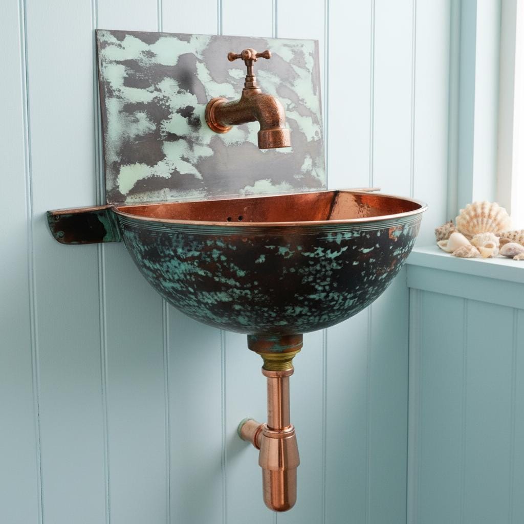 Handmade Turquoise Patina Copper Wall Mount Sink with Faucet for Luxury Artistic Bathroom Designs