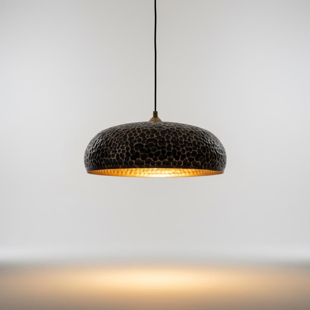 Handmade Hammered Brass Dome Pendant Light with Warm Brass Interior Ceiling Fixture