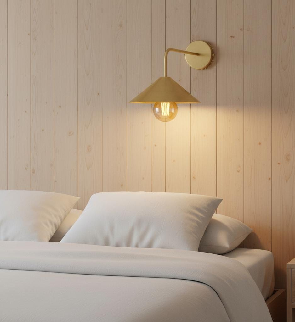 Unlacquered Brass Wall Light – Handmade Straight Arm Cone Shade Sconce for Bathroom or hallways