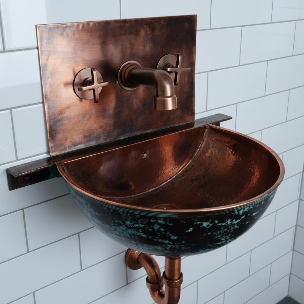 Handmade Turquoise Patina Copper Wall Mount Sink with Hammered Interior for Rustic Luxury Bathrooms