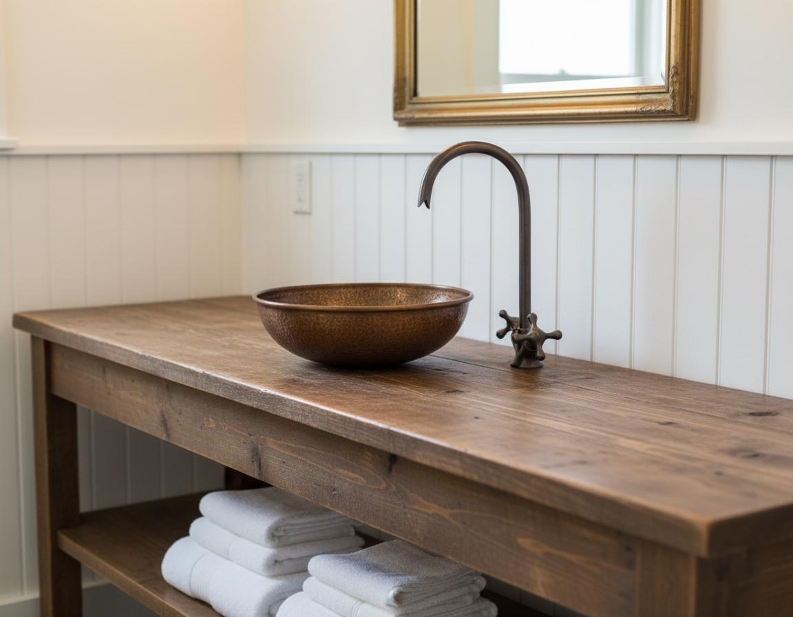 Handmade Hammered Copper Vessel Sink with Aged Bronze Faucet for Rustic Luxury Bathroom Designs