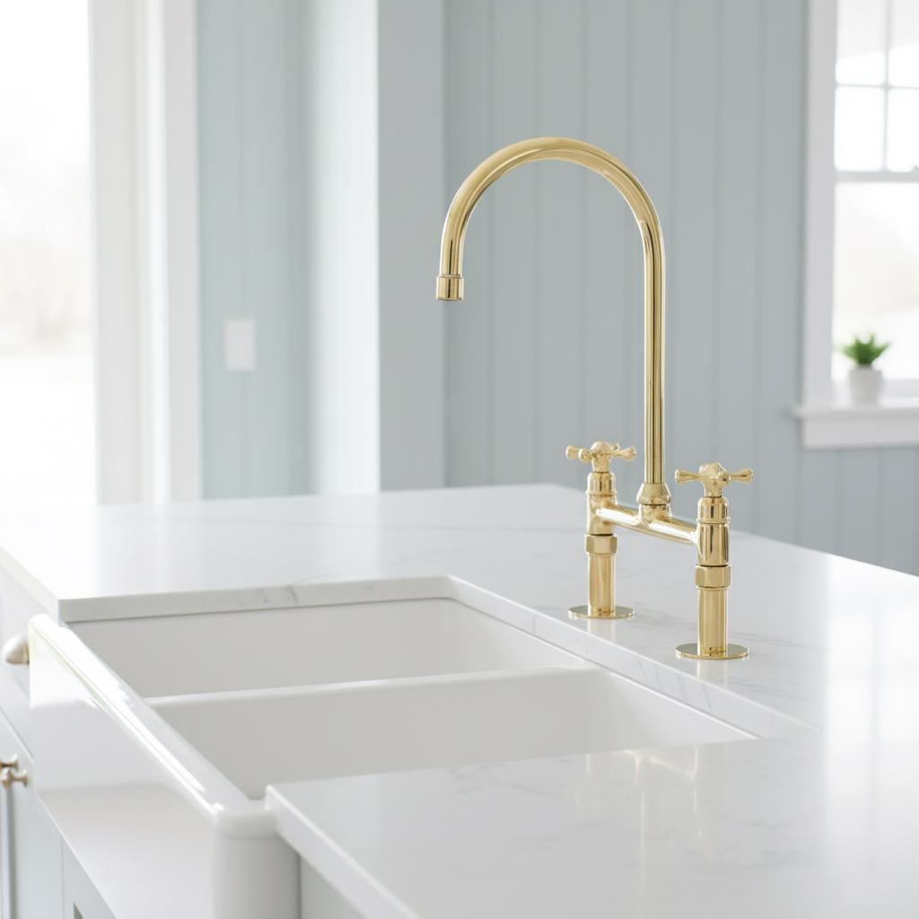 Unlacquered Brass Bridge Kitchen Faucet, Farmhouse Sink Mixer Tap, Vintage Gooseneck Faucet Fixture